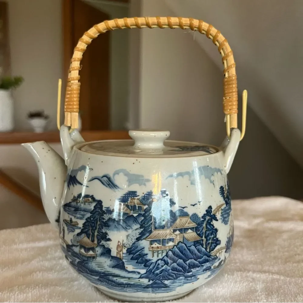 Vintage Asian Teapot Blue Scenery Bamboo Handle Stoneware Unmarked